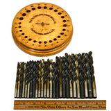 Vintage CLEVELAND TWIST BIT SET of 26 Mixed DRILL BITS in ROUND WOOD STAND Rare!