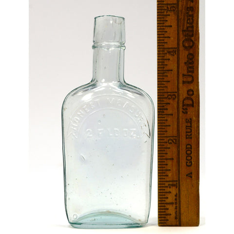 Antique STRAP FLASK 4.75" Pocket WHISKEY BOTTLE Aqua "HONEST MEASURE 2 FLD. OZ."