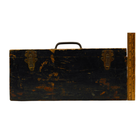 Vintage WOOD TOOL BOX Unbranded HEAVY DUTY 14x7x6.5 Old Black Paint RICH PATINA!