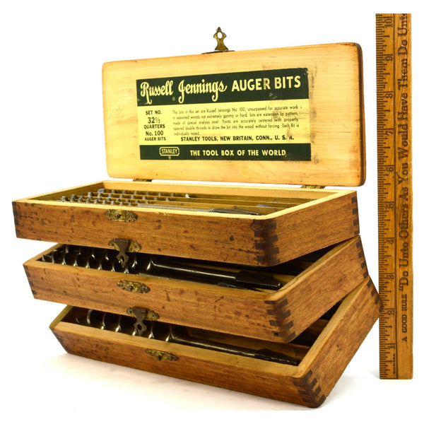 Vintage RUSSELL JENNINGS AUGER BITS No. 100 Set 32 1/2 Quarters in ORIGINAL BOX!