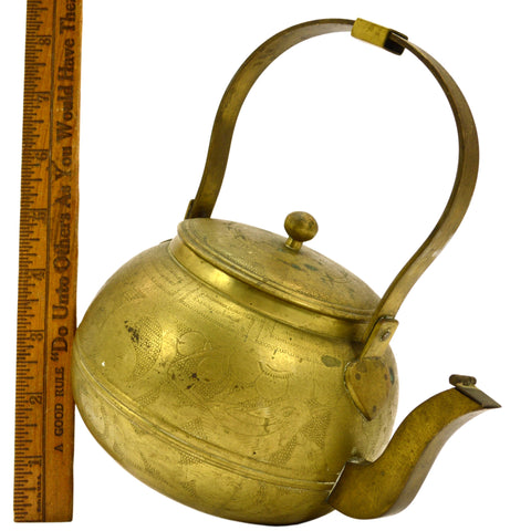 Antique HEAVY BRASS TEAPOT 5.5" Hand-Engraved YIN & YANG Flower-WHALE-Bird-HORSE