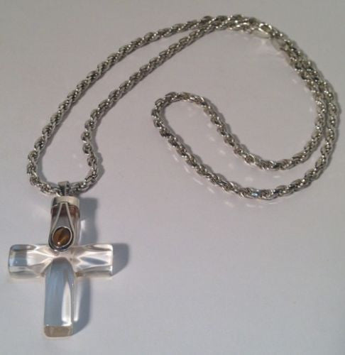 Sterling Silver Chain With Glass Cross With Brown Jewel 24" Long
