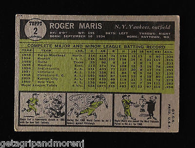 1961 Topps  Roger Maris #2 Hall of Fame Yankees Baseball Card