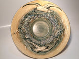 Weller Pottery Glendale Bowl Embossed With Birds And Waves, Stamped Weller Mark