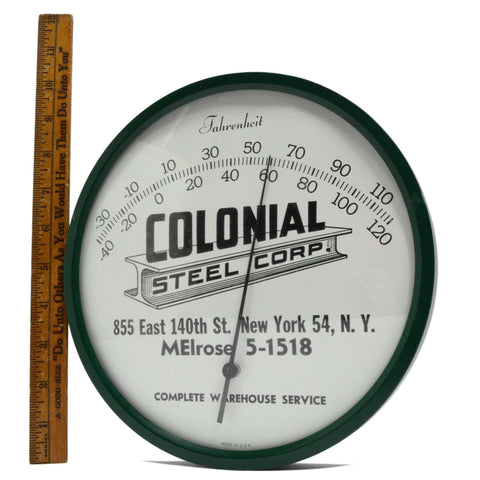 Vintage ADVERTISING THERMOMETER 9" Green & White "COLONIAL STEEL CORP." of NYC