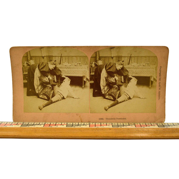 Antique STEREOSCOPE CARD Rare STEREOVIEW Domestic Dentistry #11933 B.W. KILBURN