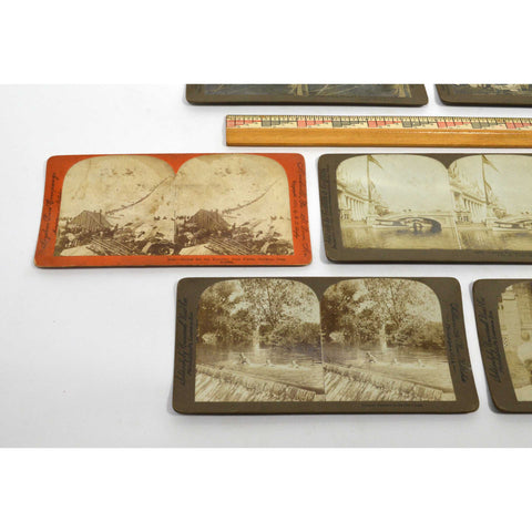 Antique STEREOSCOPE CARD Lot of 8 MIXED STEREOVIEWS Moose Hunt GOLD RUSH Maypole