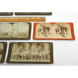 Antique STEREOSCOPE CARD Lot of 8 MIXED STEREOVIEWS Moose Hunt GOLD RUSH Maypole